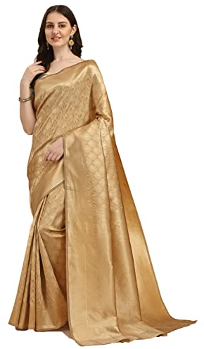 Jaanvi fashion Sari da donna Kerala Banarasi in seta con jacquard Zari da lavoro con camicetta non cucita (speciale Diwali), Oro, Etichettalia unica