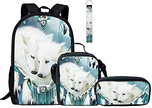 Jeiento Dreamcatcher Wolf Pattern Backpack with Lunch Bag Pencil Case Wrist Lanyard Keyring Student Teenagers Schoolbag Pocket Bag School Bag 4pcs for Kid Girls