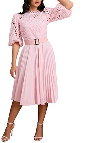 IWFEV Lace Pleated Midi Dress With Puff Sleeve - Mid-Calf Hollow Party Evening Dress L Pink
