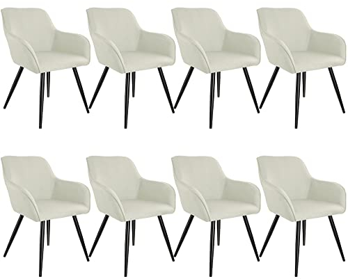 tectake 800876 8er Set Esszimmerstuhl mit Armlehnen, Leinenoptik, gepolsterte Sitzfläche, Schwarze Metallbeine, für Wohnzimmer, Esszimmer, Küche und Büro (Creme | Nr. 404677)