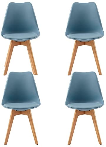 H.J WeDoo 4er Set Küchenstühle Esszimmerstühle Modern Esszimmermöbel, mit Massivholz Buchenholz Bein und Kissen aus PU-Leder, Hellblau