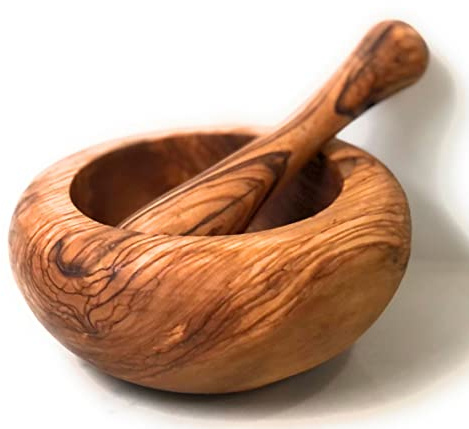 ORCHARD HARDWOODS 14 cm rustikales Olivenholz-Mörser und Stößel-Set - Zerkleinerer für Kräuter, Gewürze, Knoblauch, Samen, Nüsse, Pesto, Saucen.