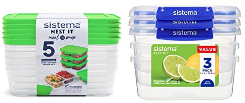 Sistema NEST IT Meal Prep Containers | 870 ml | Green | 5 Count & KLIP IT PLUS Food Storage Containers | 1 L | Leak-Proof, Stackable & Airtight Fridge/Freezer Containers with Lids | 3 Count
