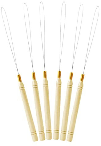 6 Pcs Wooden Hair Extension Loop Needle Threader Pulling Hook Tool and Bead Device Tool,Durable Hair Extension Pulling Hook,Flexible Hair Extension Loop Needle for Hair Feather Extensions(Wood)