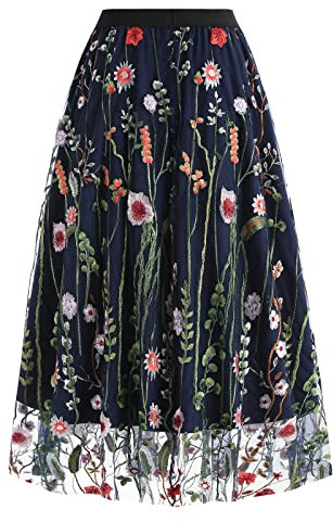 Damen T?llrock Langes Blumen Stickerei Rock Elegant Elastischer A-Linie Lagenrock Plissee T?ll Langes Kleid Blumenmuster Midir?cke Hohe Taille L?ssige M?dchen Rock Vintage 50er Meshrock Dunkelblau XL