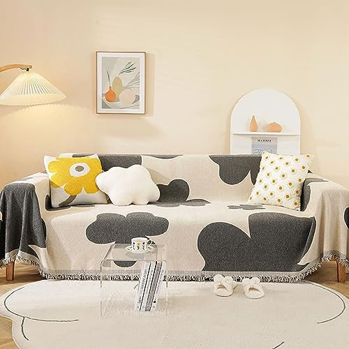 Mesnt Sofahusse 2 Sitzer, Chenille Couchschutz für Haustiere mit Blumenmuster mit Quaste Dunkelgrau, 180x260CM