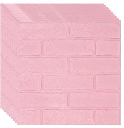 10 PCS 3D Brick Effect Wall Panels, 35x35cm Peel and Stick Brick Wallpaper, Waterproof Self Adhesive Wall Tiles for Bedroom Bathroom Kitchen (Pink)