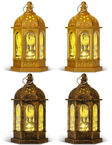 Ramadan Dekoration Laterne, 4 Stück Gold Ramadan Deko Lampe, Eid Mubarak Dekoration Led Warmweiß Licht, Hängend Windlichter für Tischdeko Zuhause Garten Muslimische Festival Dekorative