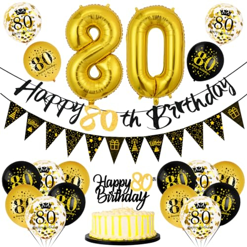 Bluelves 80. Geburtstag Deko Set, Schwarz-Gold, Luftballon 80, Banner, Wimpelkette, Folienballon, Cake Topper für 80. Geburtstag Party Dekoration