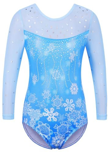 ZNYUNE Turnanzug mädchen 3/4 langarm Tanzkostüme Bunt Stoffdruck Glitzersteine Gymnastikanzug B285 SnowflakeBlue 10A