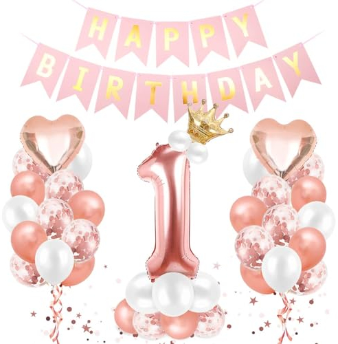 Luftballon 1. Geburtstag Roségold - Deko Set Mit Riesen Folienballon Zahl 1, Happy Birthday Ballon - Dekoration für 1 Jahr Mädchen