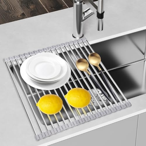 Espandibile Scolapiatti da Appoggio per Lavello Pieghevole, Griglia Scolapiatti Cucina in Acciaio Inox, Gocciolatoio per Lavello, Accessori Lavandino Cucina per Essiccare Posate, 31x28cm, Fino a 51cm