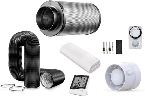 JUNG Grow Set Abluftset 100mm / 4 - Zubehör Grow Ventilator + Aktivkohlefilter + Schlauch 2m + Thermometer/Hygrometer + Timer, Abluft Lüfter Belüftungssystem Lüftungsset für Grow Box Gewächshaus