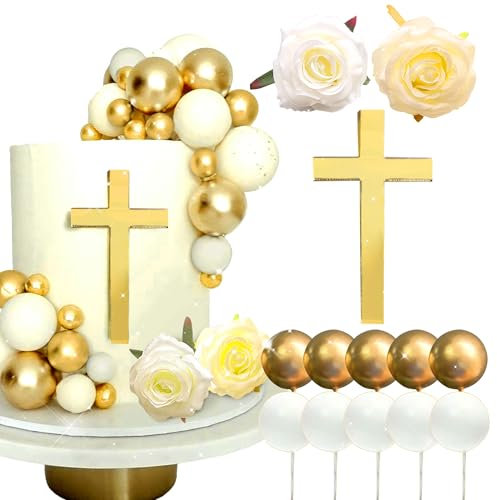 LaVenty Kuchen Deko Zur Taufe Kreuz Kuchen Dekoration Weißgold Kuchen Dekoration Rose Kuchen Dekoration Kreuz Cake Topper für Babyparty Hochzeitstorte Geburtstag Kommunion Party