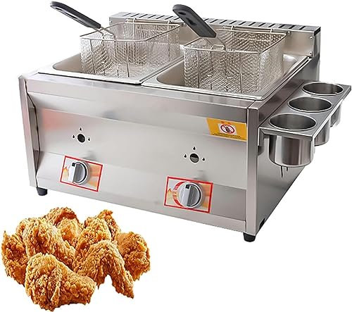 Commercial Gas Deep Fryer 20L/30L Countertop Stainless Steel Kitchen Frying Machine Removable Baskets Lid, For French Fries Turkey Home Kitchen Restaurant