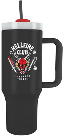 Pyramid International Stranger Things Hellfire Club Trinkbecher mit Strohhalm und Deckel, fortschrittliche doppelwandige Vakuumisolierung, hält Getränke bis zu 11 Stunden gekühlt, bis zu 7 Stunden