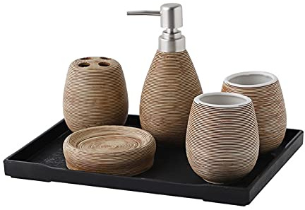 KIUGOP Bad Accessoire Set 6-Teilig Keramik Design,Badezimmer Deko Set Badezimmer Seifenspender Zahnpflege Zubehör Set Bad-Zubehör Geschenk,Beige