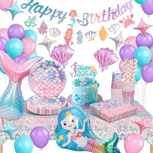 yosiio Meerjungfrau Partygeschirr Set, Meerjungfrau Geburtstag Deko, Geburtstag Party Geschirr, Pappteller Kindergeburtstag Deko mit Luftballons für Geburtstagsdeko Mädchen (Meerjungfrau)