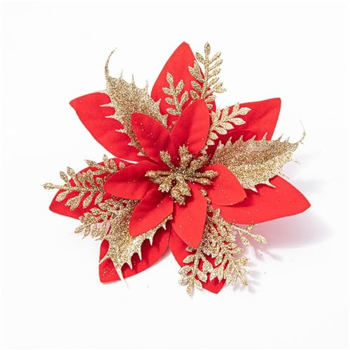 champracer 12 Stück Glitzer Weihnachtsblumen, Weihnachtssterne künstliche Blumen, Weihnachtsbaum Blumenschmuck für Weihnachtsbaumschmuck Hochzeit Party Kranz Dekor (Gold mit Rot,14 cm)