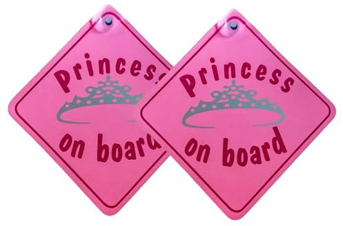 Tek Automotive Lot de 2 panneaux de voiture « Princess on Board » - 14 x 14 cm - Rose avec ventouse - Panneau « Baby on Board » - Accessoires de voiture mignons pour filles