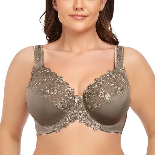 Ayigedu Women's Full Coverage Minimiser Bra Floral Lace Non Padded Plus Size Underwired Bra 36GG Brown