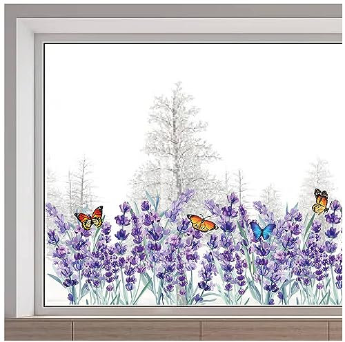 GORGECRAFT Adesivi per Finestre Grandi Lavanda da 116x38cm Adesivi per Finestre Statici Trasparenti Bifacciali Fiori Viola Farfalle Adesivi per Finestre Non Adesivi per Porte Scorrevoli in Vetro