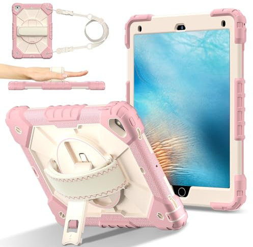 Custodie per Tablet PC Rugged Case Compatible with iPad Pro 9.7 Inch Case,Heavy Duty Protective Cover with Adjustable Stand & Shoulder Strap,With Wrist Strap Kids-Friendly Tablet Case(RoseGold)