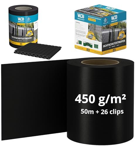 WDB - Sichtschutzstreifen für Doppelstabmatten Sichtschutz Zaun - 19 cm x 50 m + 26 Stück Befestigungsclips - PVC Windschutz Basic Line - Schwarz - RAL 9005