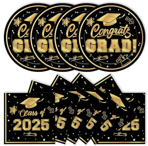 40Pcs Graduation Plates and Napkins 2025 Party Supplies, Class Of 2025 Disposable Black Gold Tableware Set for Congrats Grad Party Decorations (Graduation)