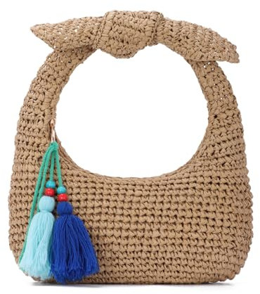 EVEOUT Clutch de Rafia con Lazo Mujer Verano Boho Cartera de Mano Paja para Playa Vacaciones Trabajo Elegante Bolso Media Luna Tejida Fiesta Bodas