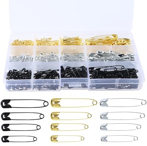 540 Sicherheitsnadeln Set, 4 Größen in Gold, Silber und Schwarz | Nähzubehör für Textilien, für Kleidung, Schneiderei, Basteln, Quilten, Reparaturen und kreative DIY-Projekte.