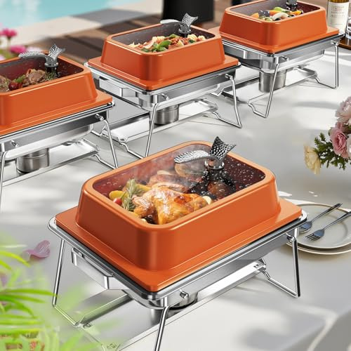 Chafing Dishes for Buffet, 4 Pack 5QT Square Stainless Steel Chafing Dish Set for Home Parties, Christmas Gatherings, Catering Events, Complete Buffet Warmer Set (Orange)