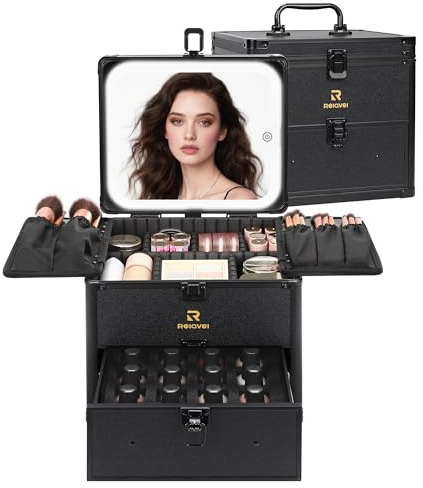 Relavel Makeup Bag with LED Mirror, Dual Layer Cosmetic Train Case with Light up Mirror Large Travel Makeup Artist Organizer Bag for Women with Adjustable Dividers & Nail Polish Organizer, Black