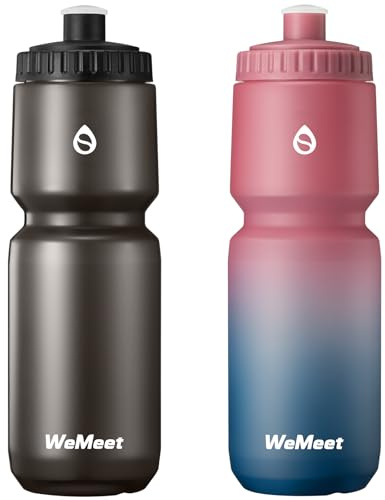 WEMEET Sport Squeeze Water Bottle with Capacity Scale, 1000ml Bike Water Bottle with Bite Valve, for Cycling, Running, Fitness (Black & Red Blue, 2-Pack)