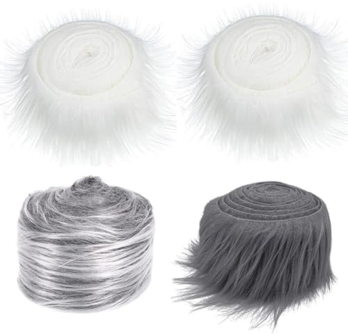 Eulihent 4pcs Faux Fur Fabric Roll White Fur Fabric Fluffy Craft Fur Shaggy Faux Furs Trim Fluffy Fuzzy Craft Furs Trim Precut Strips for Toy Cosplay Costume DIY