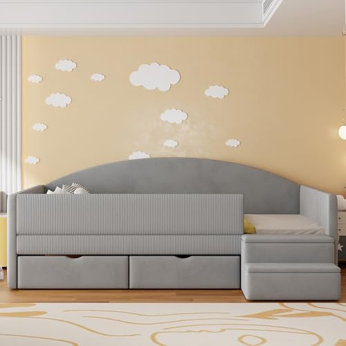 SACOOL Polsterbett Sofabett,90 * 190cm,Multifunktionsbett,Mit Zwei Schubladen und Zäunen,Mit Stufen,Hautfreundlicher Samtstoff,ohne Matratze,Hellgrau