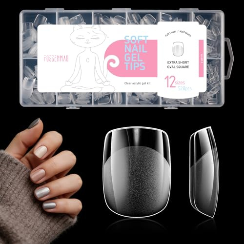 528 Pcs Extra Short Oval Square Nail Tips for Gel Extensions, Short Squoval Half Matte Full Cover Fake Nails for Manicure Salon Arts DIY Home (12 Sizes)