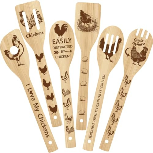 PRESSINART 6 Piezas 6 Estilos Utensilios de Cocina de Gallo para Cocinar 11.8 x 2.4 Pulgadas Cucharas de Bambú Duraderas Juego de Cucharas de Madera para Regalo de Boda de Inauguración de Casa