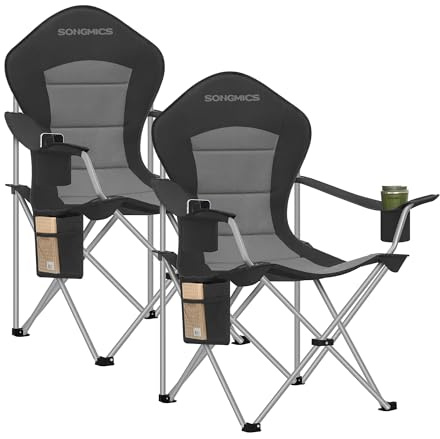 SONGMICS Campingstuhl 2er Set, klappbar, Klappstuhl, breiter Sitz, hohe Rückenlehne, Outdoor-Stuhl, tragbar, Outdoor-Stuhl, Getränkehalter, Handyhalter, Stoff-Organizer, schwarz-grau GCB005BH01-2J