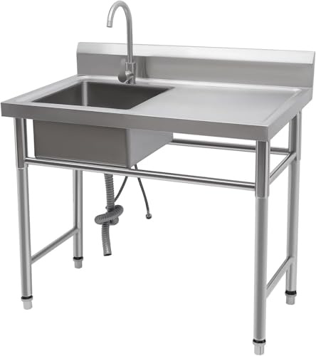 LENJKYYO Freistehende Spültisch 100x60cm, Edelstahl Spülenschrank mit Spüle und Armatur, Küchenspüle mit Unterschrank, Ausgussbecken Edelstahl Einzelbecken, 360° Mischbatterie (Rechte Spüle)