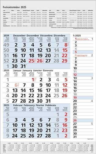 3-Monats-Planer Combi Blau 2025: 3-Monatskalender groß I Wandplaner / Bürokalender mit Datumsschieber, Ferienterminen, Vor-und Nachmonat und Jahresübersicht I extra Streifenplaner I 30 x 47,8 cm