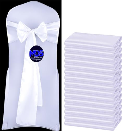MDS 50 Stück Satin Stuhlschärpen Schleife Schärpe für Hochzeit Events Supplies, Dekorationen für Geburtstagsfeiern, Abschlussfeiern, Verlobungen, passend für Klapp- und Bankett-Stuhlhusse, Weiß