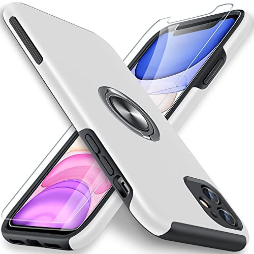 AOUIA iPhone 11 Case, with 2 Pack Glass Screen Protector, iPhone 11 Protective Cover, Shockproof Slim Non-Slip Rugged Case, 360° Rotatable Ring Holder, Magnetic Car Kickstand, Silver
