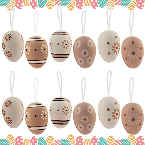 Ostereier zum Aufhängen, 12 Stück Kunststoff Deko Eier, Easter Eggs, Osterstrauchdeko, Deko Ostereier mit Schönen Motiven, Ostern Geschenk für Kinder, Frühlingsdeko zum Aufhängen aus Kunststoff