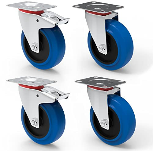 Transportrollen mit Bremse 80mm Möbelrollen Schwerlast - Lenkrollen Set Gummi Rollen Blue Wheels Bockrollen für Rollbrett Werkstatt schwere Möbel Palettenmöbel Rollwagen Räucherschrank Werkzeugwagen