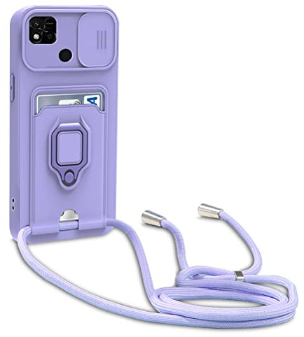 yanasuo Schiebe Kameraschutz Silikon Handykette Hülle kompatibel mit Xiaomi Redmi 10A/9A/9C/Xiaomi Poco C3, Metall Ring Halter Handy Cover,Verstellbarer Halskette Handyhülle-Lila