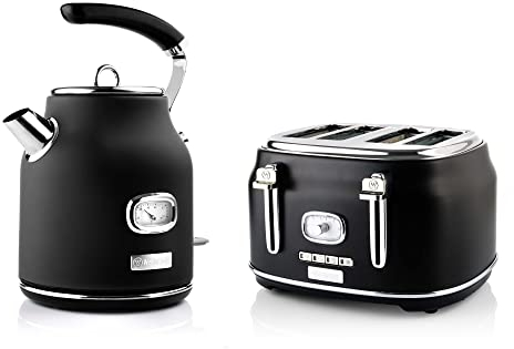 Westinghouse Retroline Set Petit-Déjeuner Noir, Grille-Pain à Quatre Fentes et Bouilloire 1,7 L, Filtre Anti-Calcaire, Protection Contre la Surchauffe
