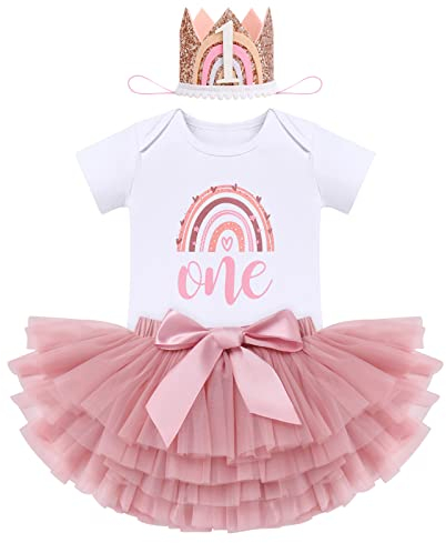 IBTOM CASTLE Cake Smash Outfit 1st Birthday Girl Rainbow Romper + Tutu Skirt + Headband 3pcs Set One Year Old Girl Dress Photo Shoot Clothes Bean paste One+Crown 1Year