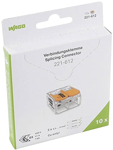 WAGO Verbindungsklemmen 221-612 | 2-polig, bis 6 mm², COMPACT Kabelverbinder mit Hebel für alle Leiterarten weltweit, bestätigte Anwendungssicherheit, 10 Stück