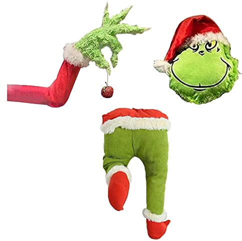Weihnachtsdieb-Körperdekorationen, Grinch Arm und Kopf, Ornament, Baum-Sets, Grinch Sackleinen, beweglicher Plüscharm für den Innenbereich, für Kamin, Tür, Fenster (3 Stück)